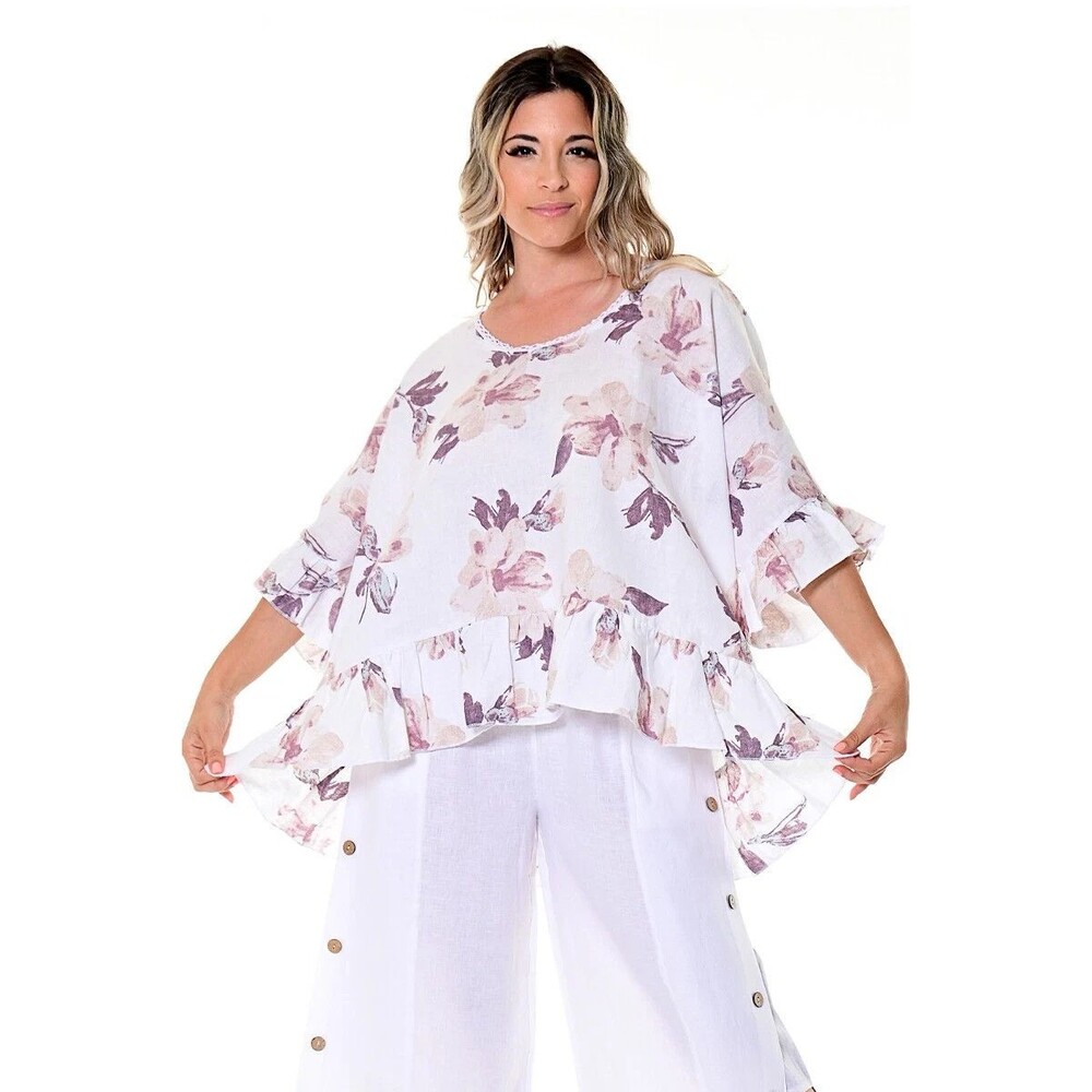 Azucar Linen Floral Raffle Top Blouse Women One Size